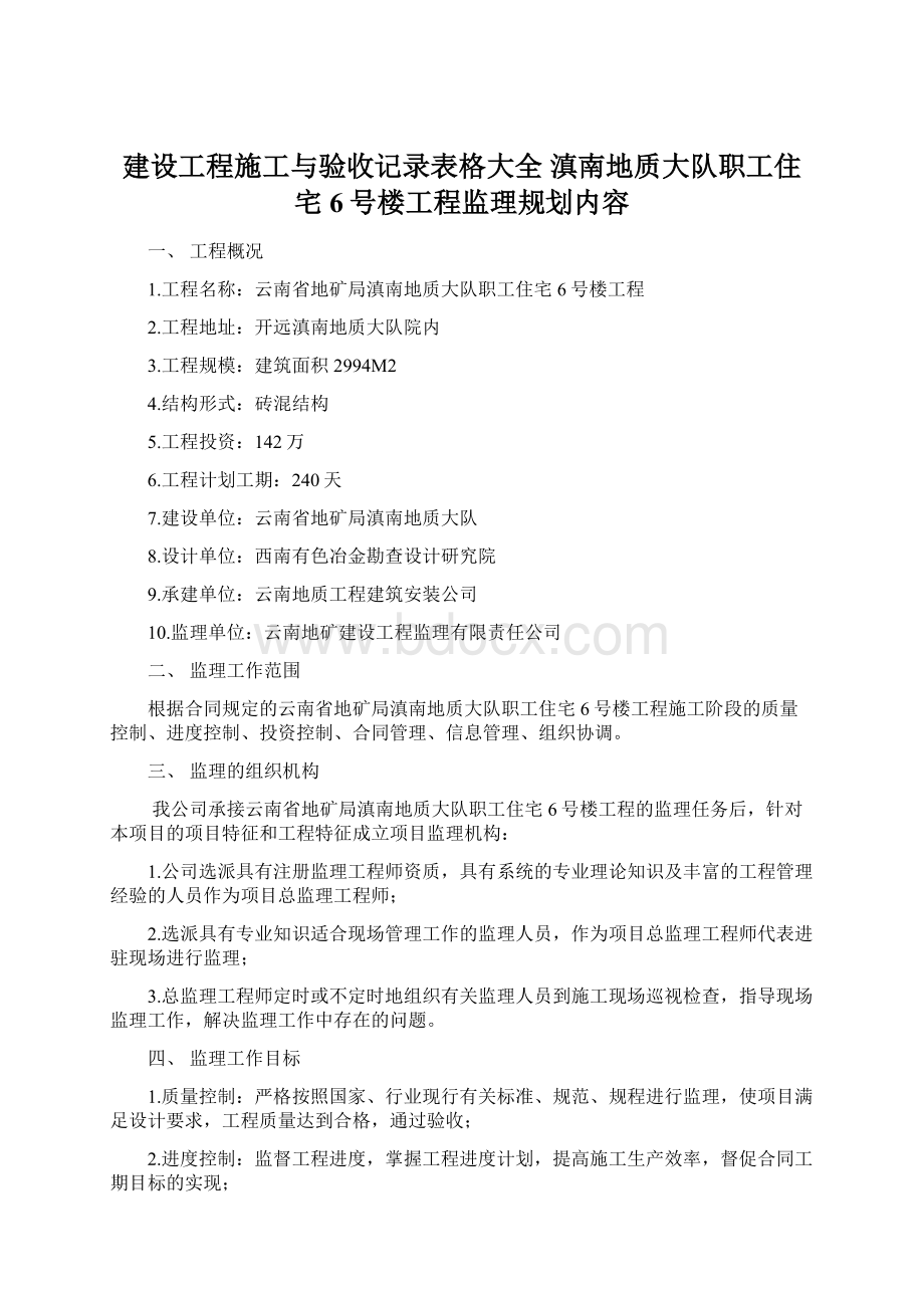 建设工程施工与验收记录表格大全 滇南地质大队职工住宅6号楼工程监理规划内容.docx