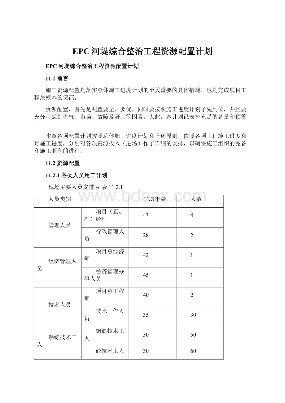 EPC河堤综合整治工程资源配置计划Word格式.docx