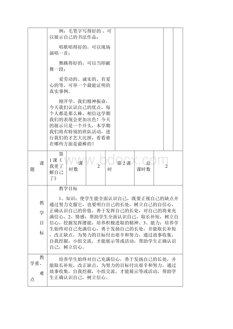 苏教版五年级上册品德教案第一单元表格式Word文档下载推荐.docx_第3页