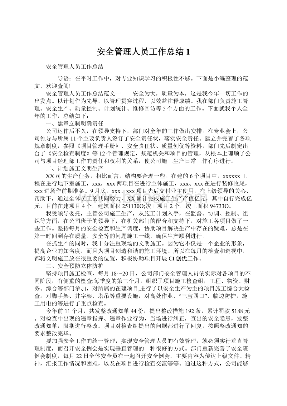 安全管理人员工作总结1文档格式.docx