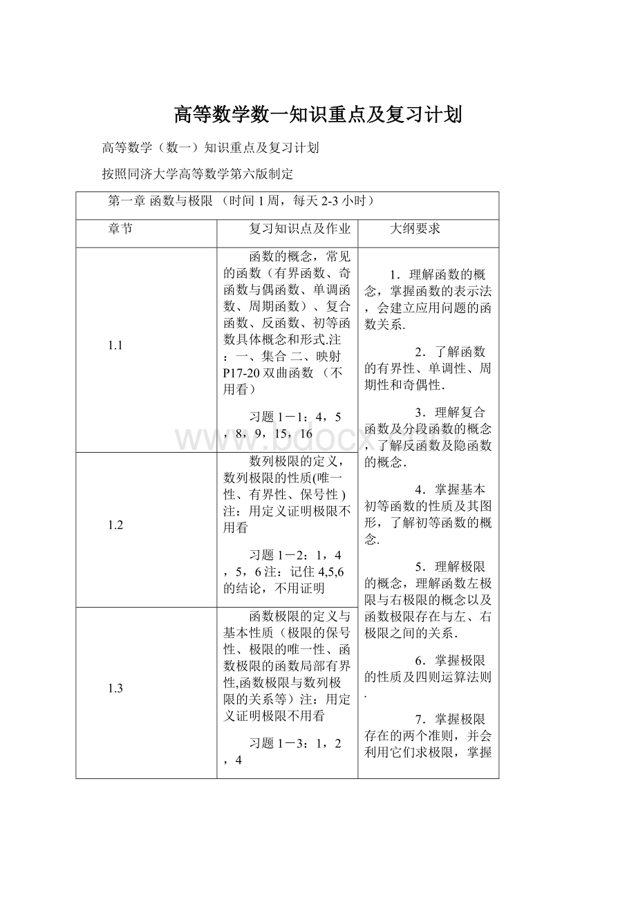 高等数学数一知识重点及复习计划.docx