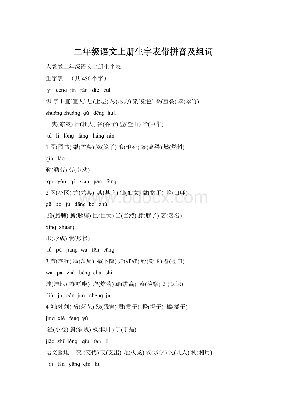 二年级语文上册生字表带拼音及组词.docx