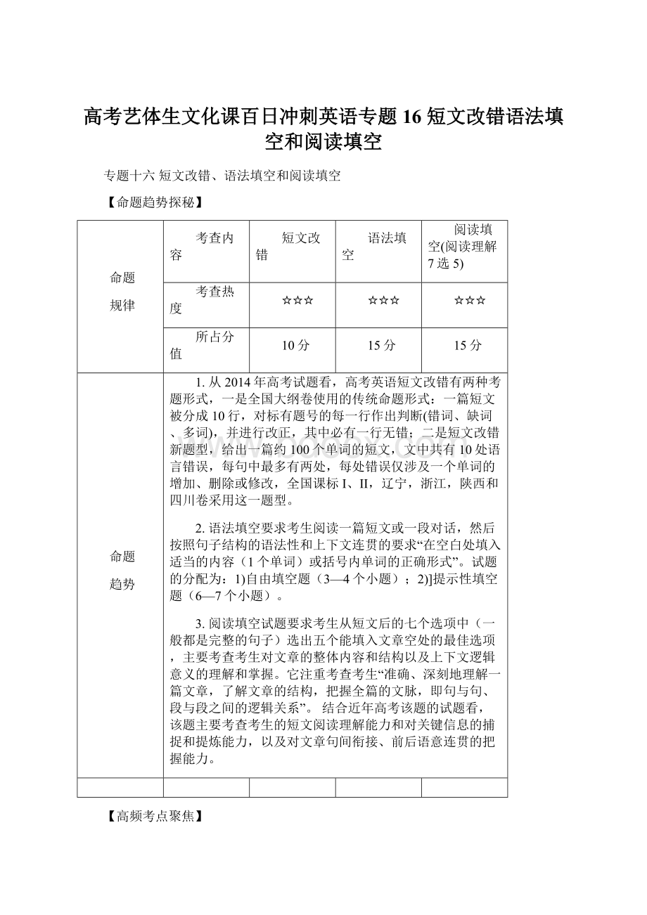 高考艺体生文化课百日冲刺英语专题16 短文改错语法填空和阅读填空Word文件下载.docx