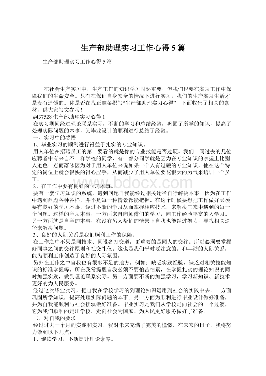 生产部助理实习工作心得5篇文档格式.docx