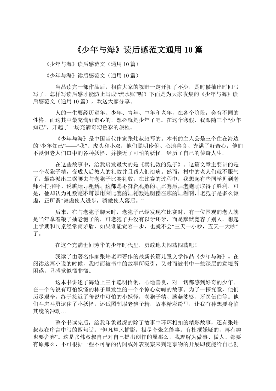 《少年与海》读后感范文通用10篇.docx