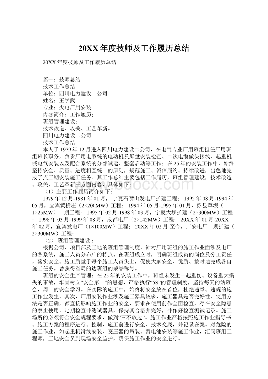 20XX年度技师及工作履历总结文档格式.docx