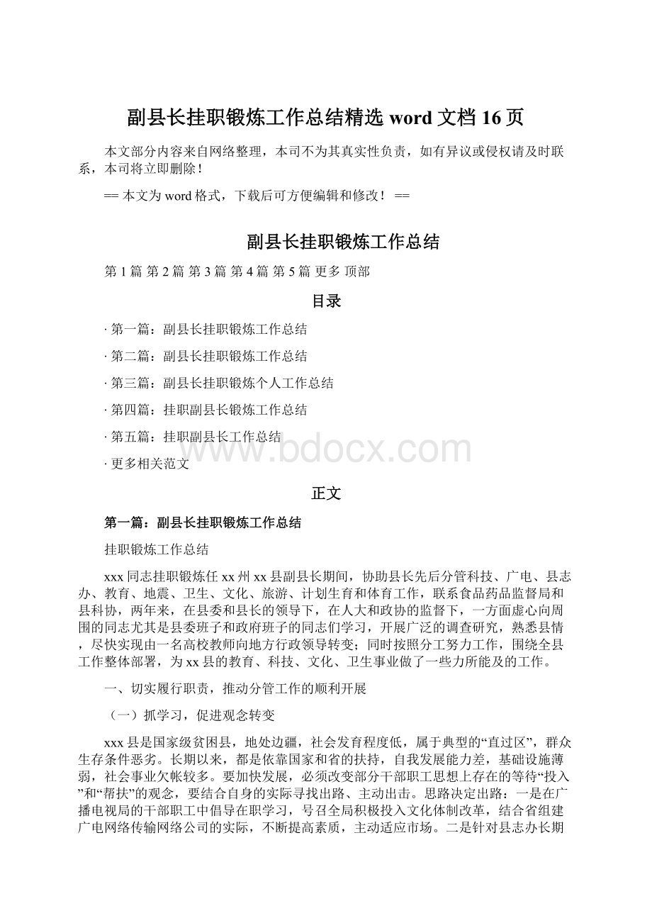 副县长挂职锻炼工作总结精选word文档 16页Word文档格式.docx