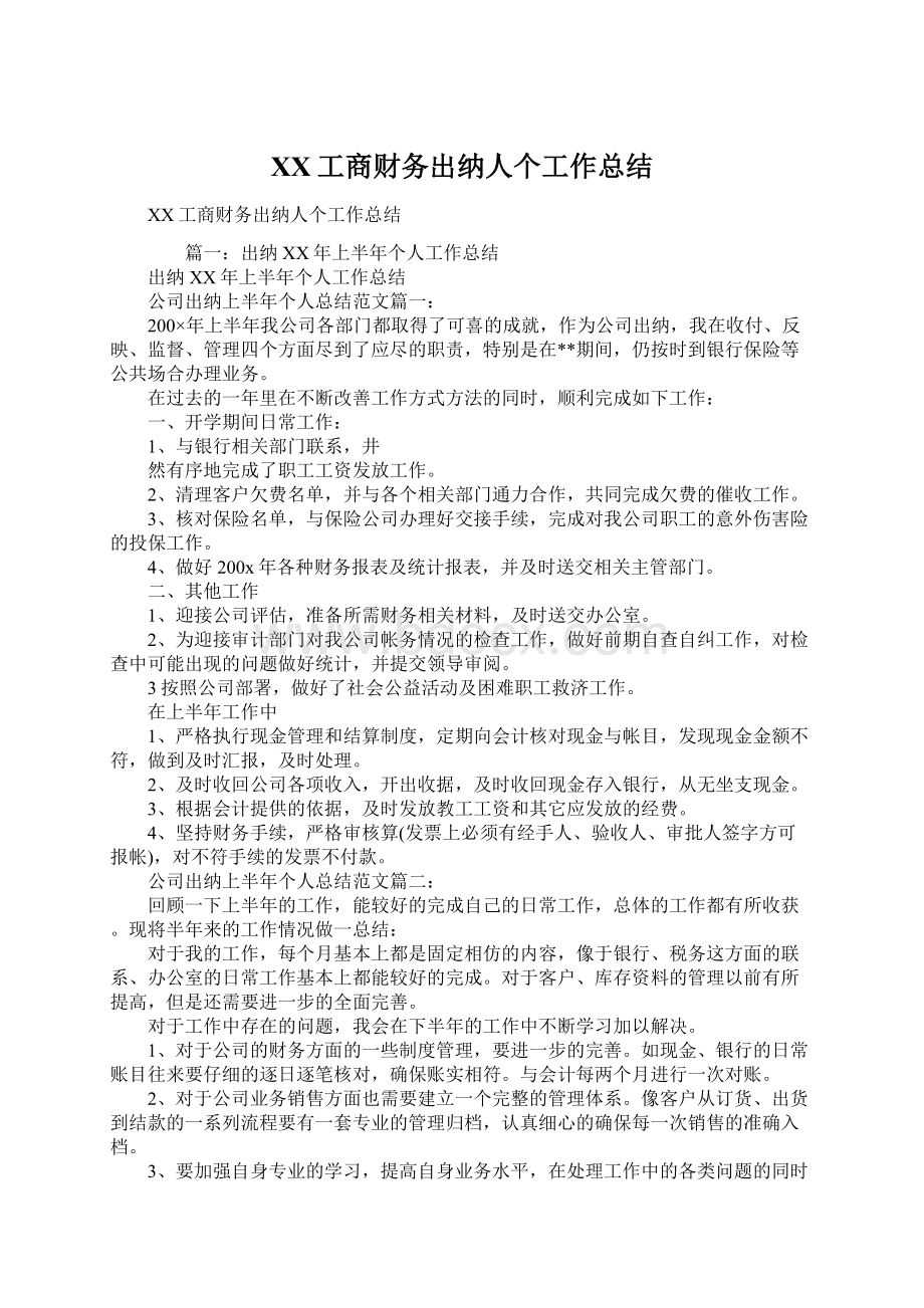 XX工商财务出纳人个工作总结.docx