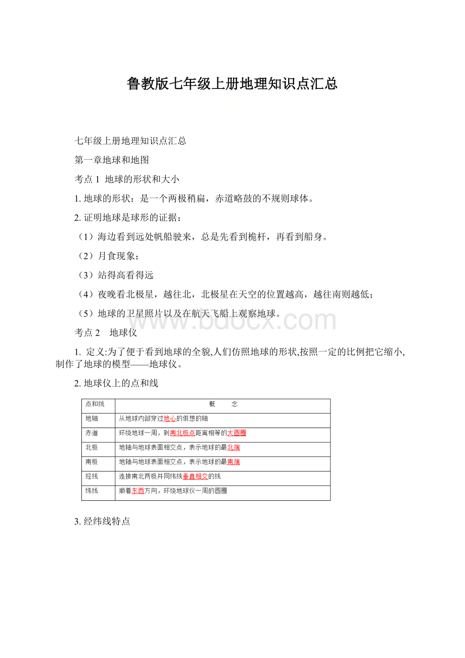 鲁教版七年级上册地理知识点汇总Word下载.docx