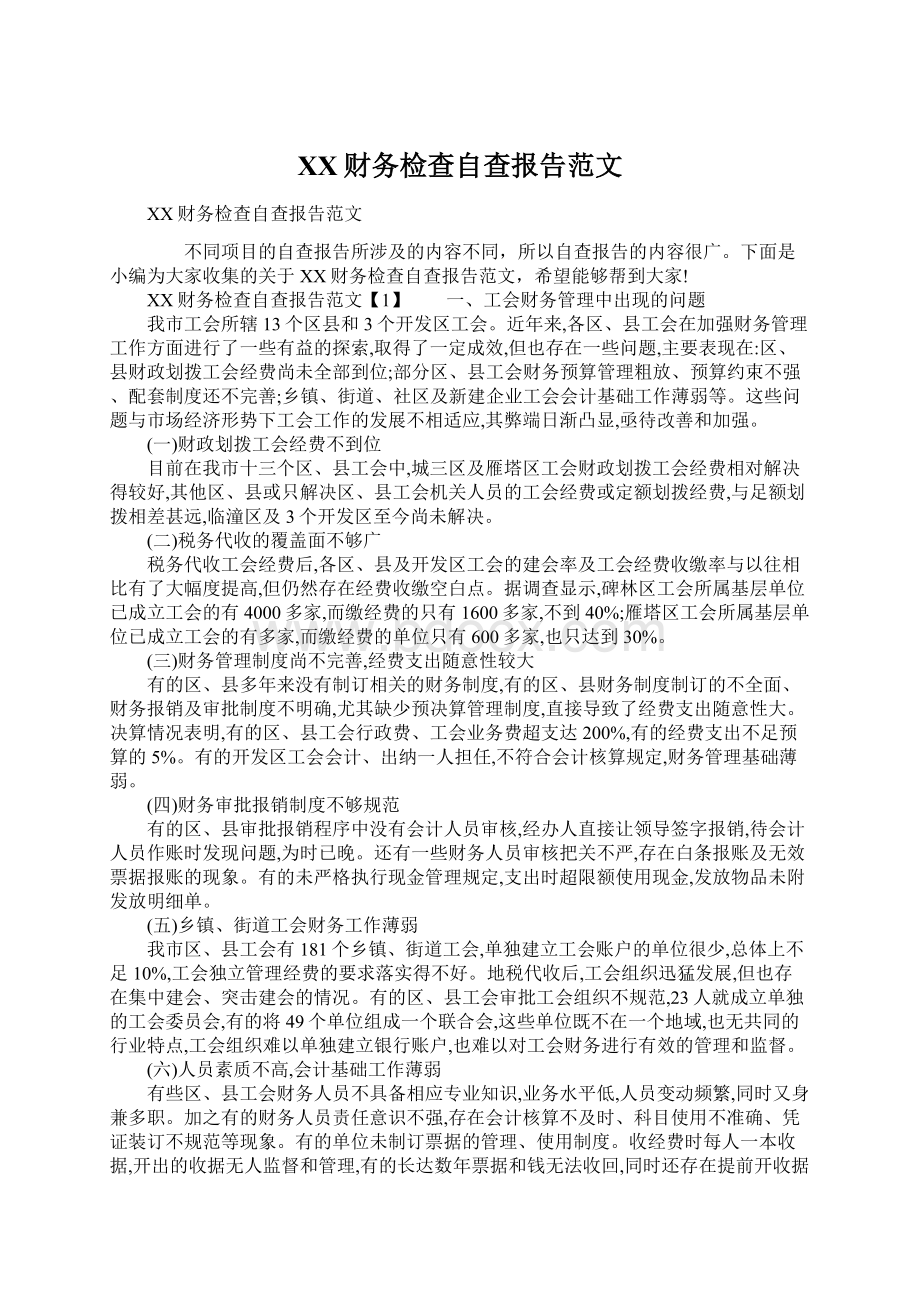 XX财务检查自查报告范文Word格式文档下载.docx