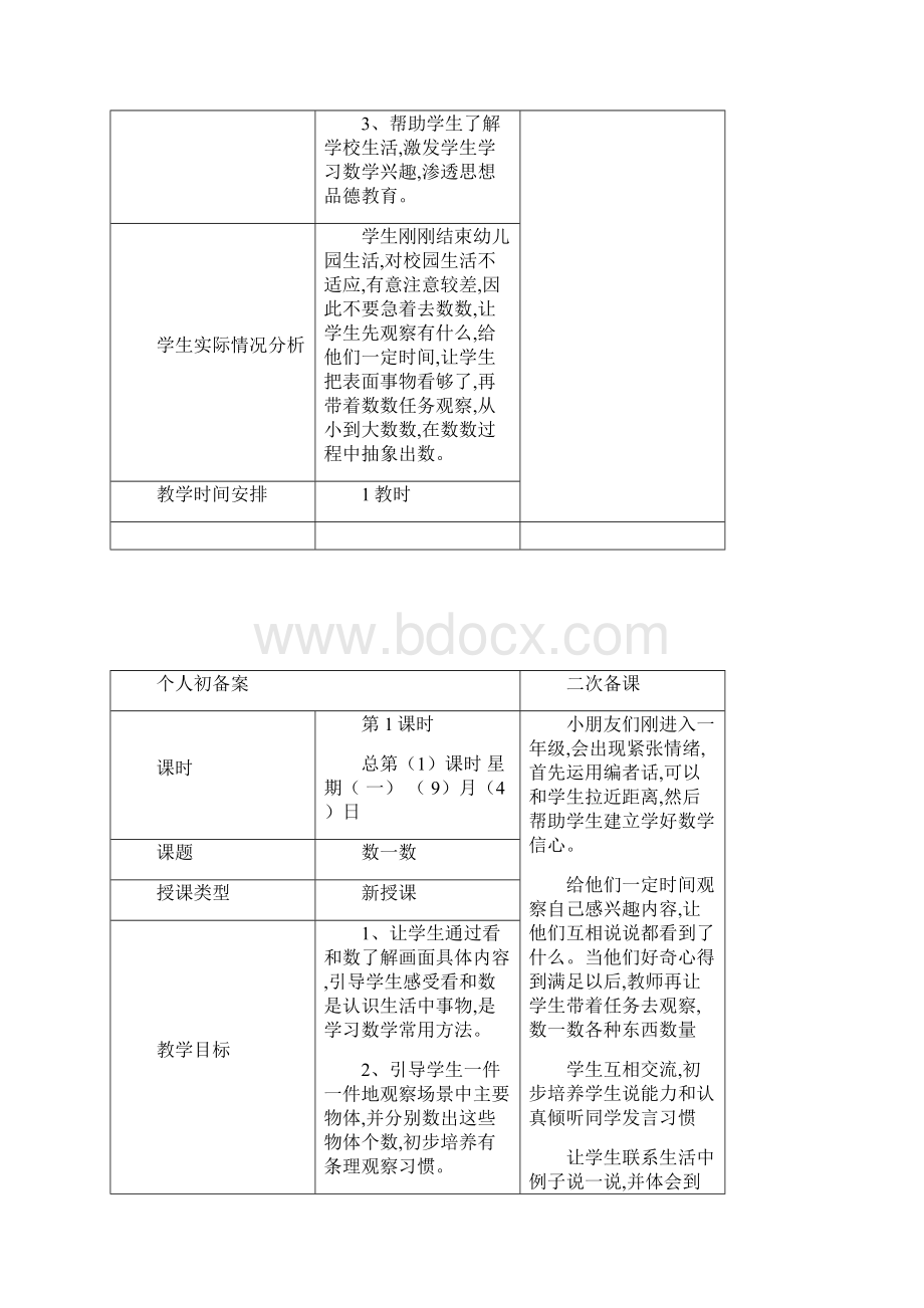 人教版秋一年级数学上册集体备课全套教案表格版.docx_第2页