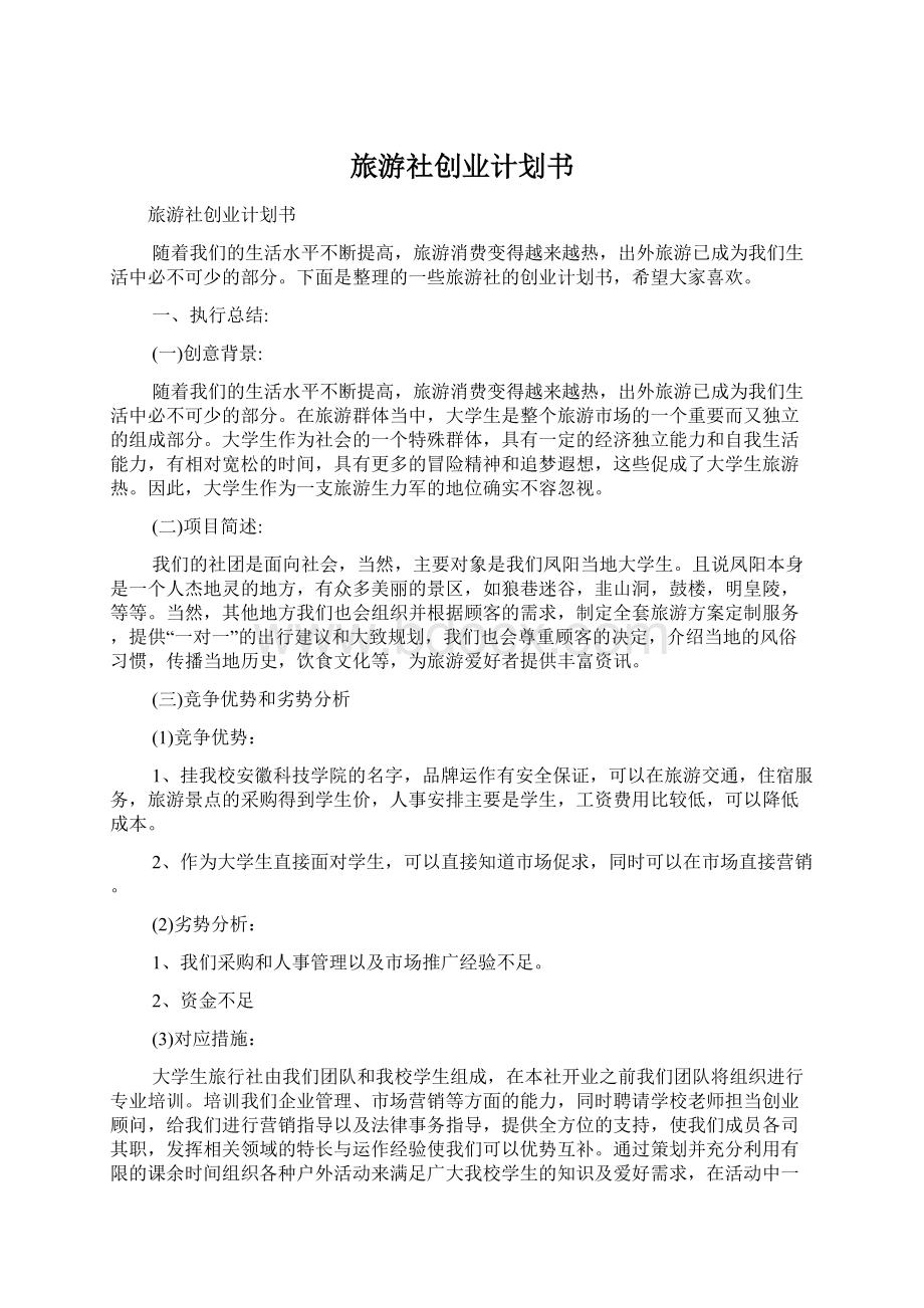 旅游社创业计划书Word格式文档下载.docx