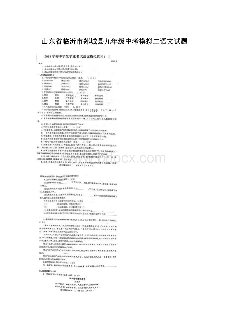 山东省临沂市郯城县九年级中考模拟二语文试题.docx_第1页