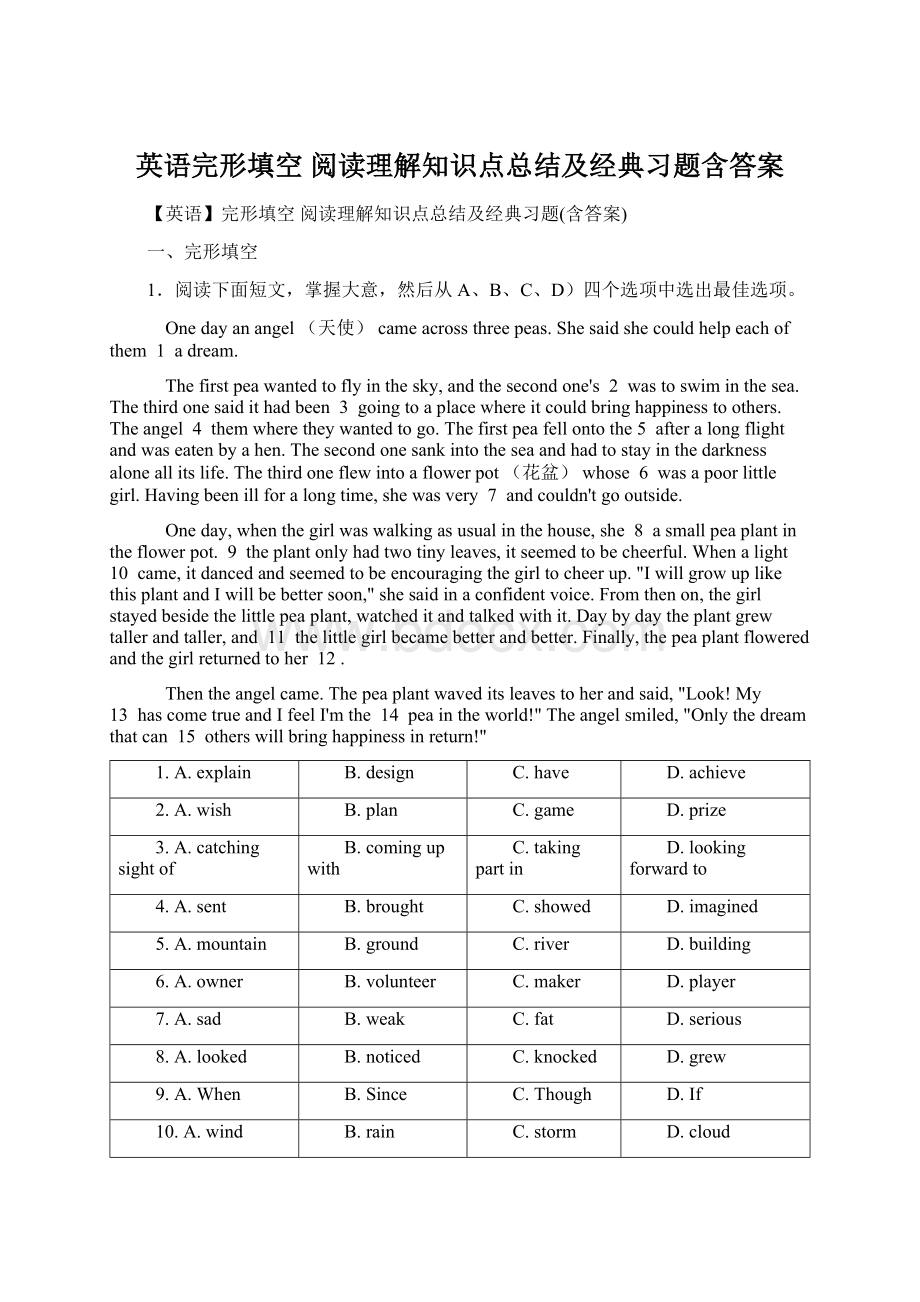 英语完形填空 阅读理解知识点总结及经典习题含答案.docx