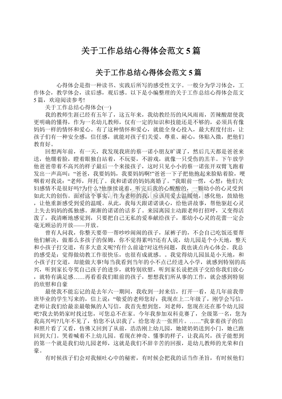 关于工作总结心得体会范文5篇Word文档格式.docx_第1页