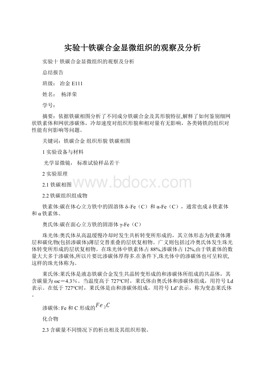 实验十铁碳合金显微组织的观察及分析.docx_第1页