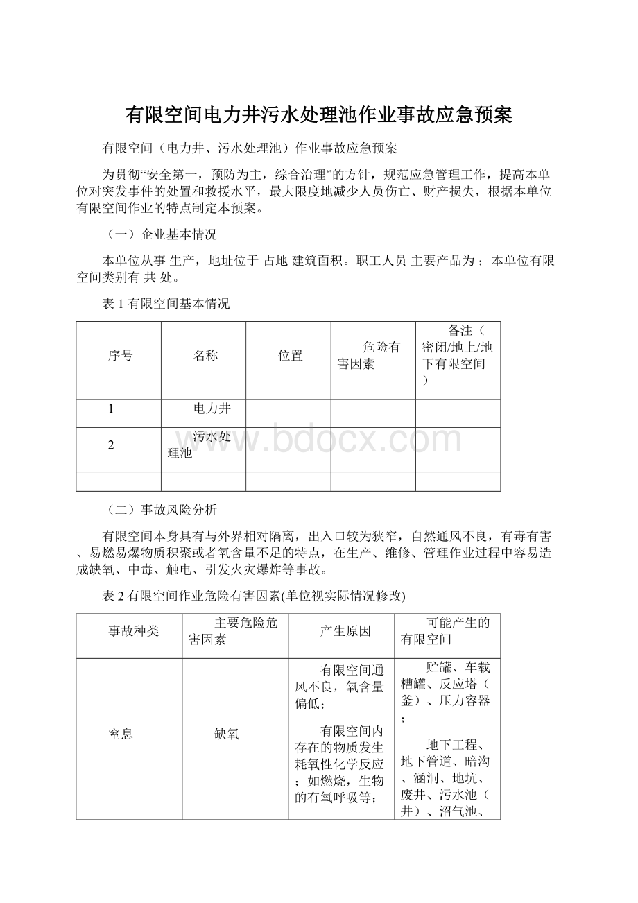 有限空间电力井污水处理池作业事故应急预案Word格式文档下载.docx