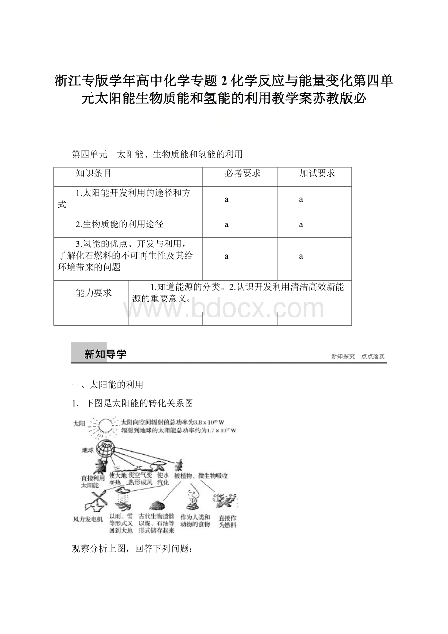 浙江专版学年高中化学专题2化学反应与能量变化第四单元太阳能生物质能和氢能的利用教学案苏教版必.docx