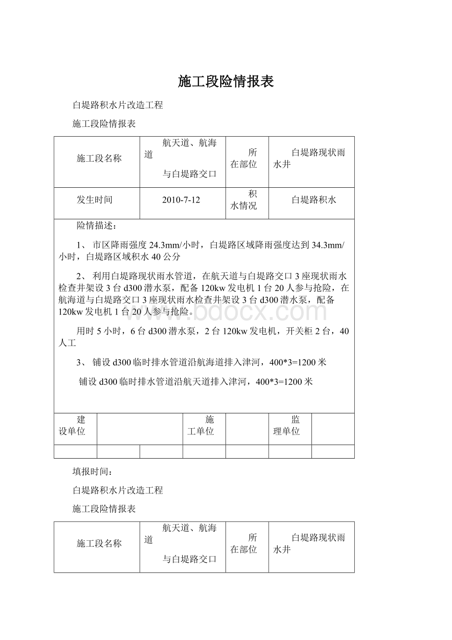 施工段险情报表Word文档下载推荐.docx