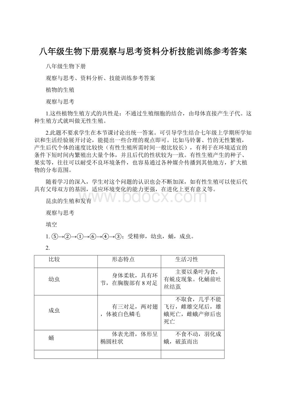 八年级生物下册观察与思考资料分析技能训练参考答案.docx_第1页