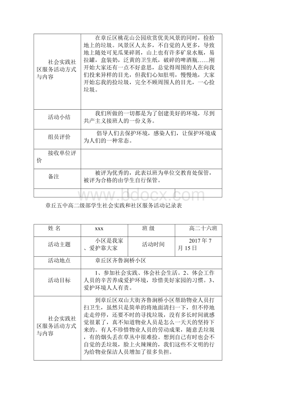 学生社会实践和社区服务活动记录文本表.docx_第2页