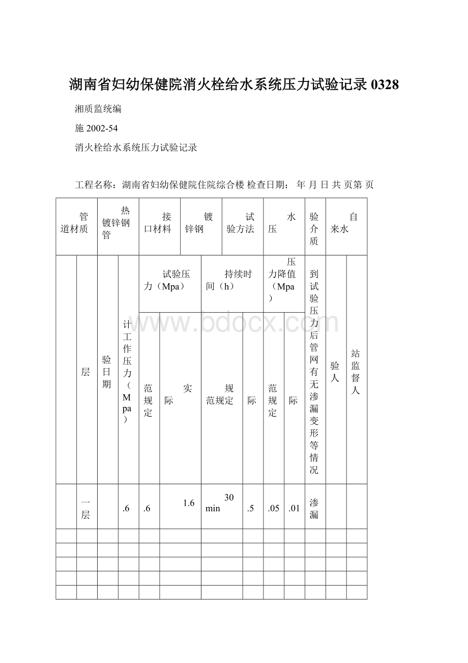 湖南省妇幼保健院消火栓给水系统压力试验记录0328Word格式文档下载.docx