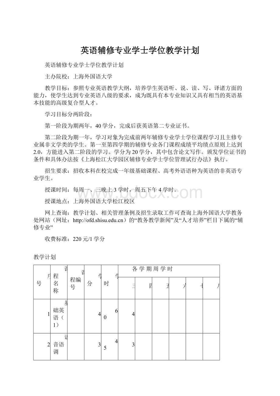 英语辅修专业学士学位教学计划Word格式文档下载.docx_第1页