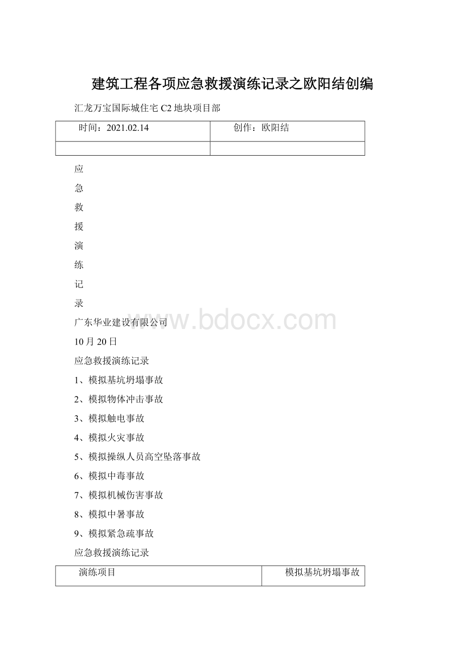 建筑工程各项应急救援演练记录之欧阳结创编Word文件下载.docx_第1页