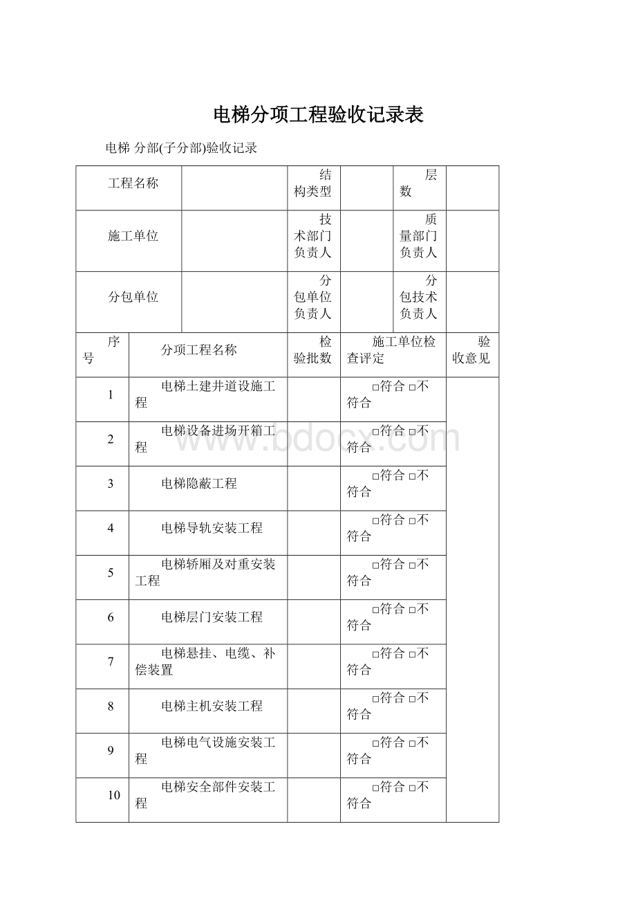 电梯分项工程验收记录表Word格式.docx