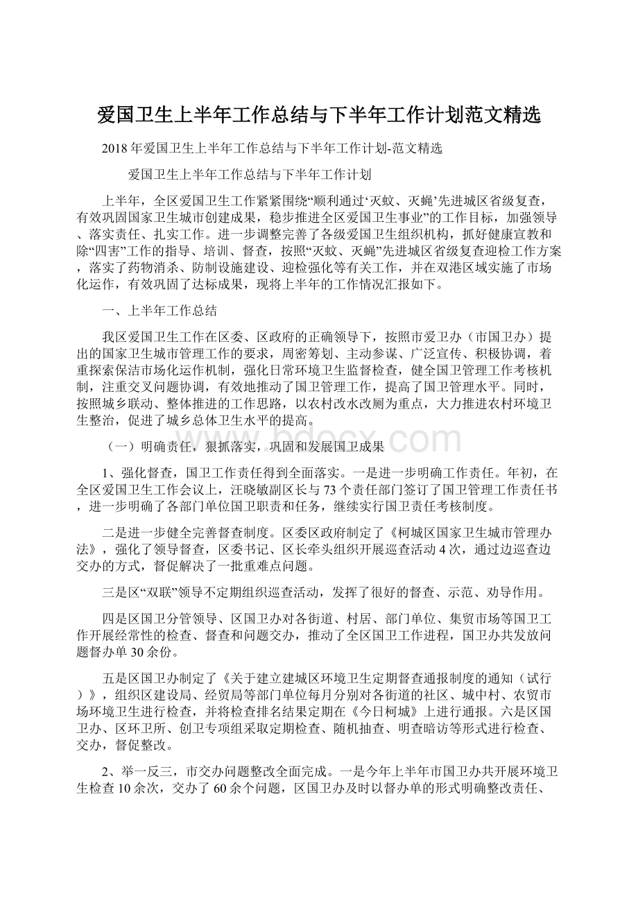 爱国卫生上半年工作总结与下半年工作计划范文精选.docx_第1页