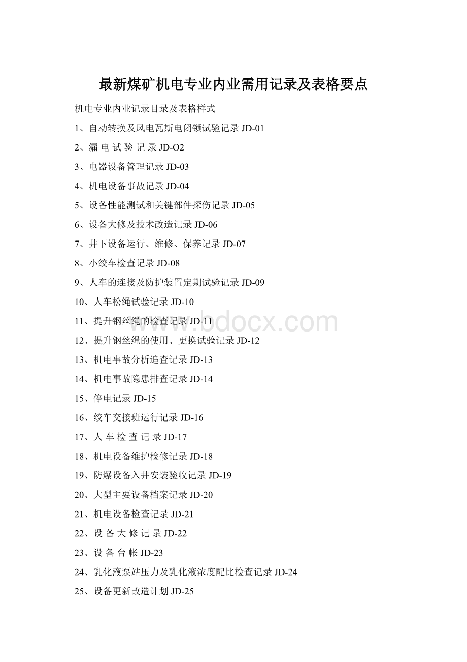 最新煤矿机电专业内业需用记录及表格要点Word下载.docx_第1页