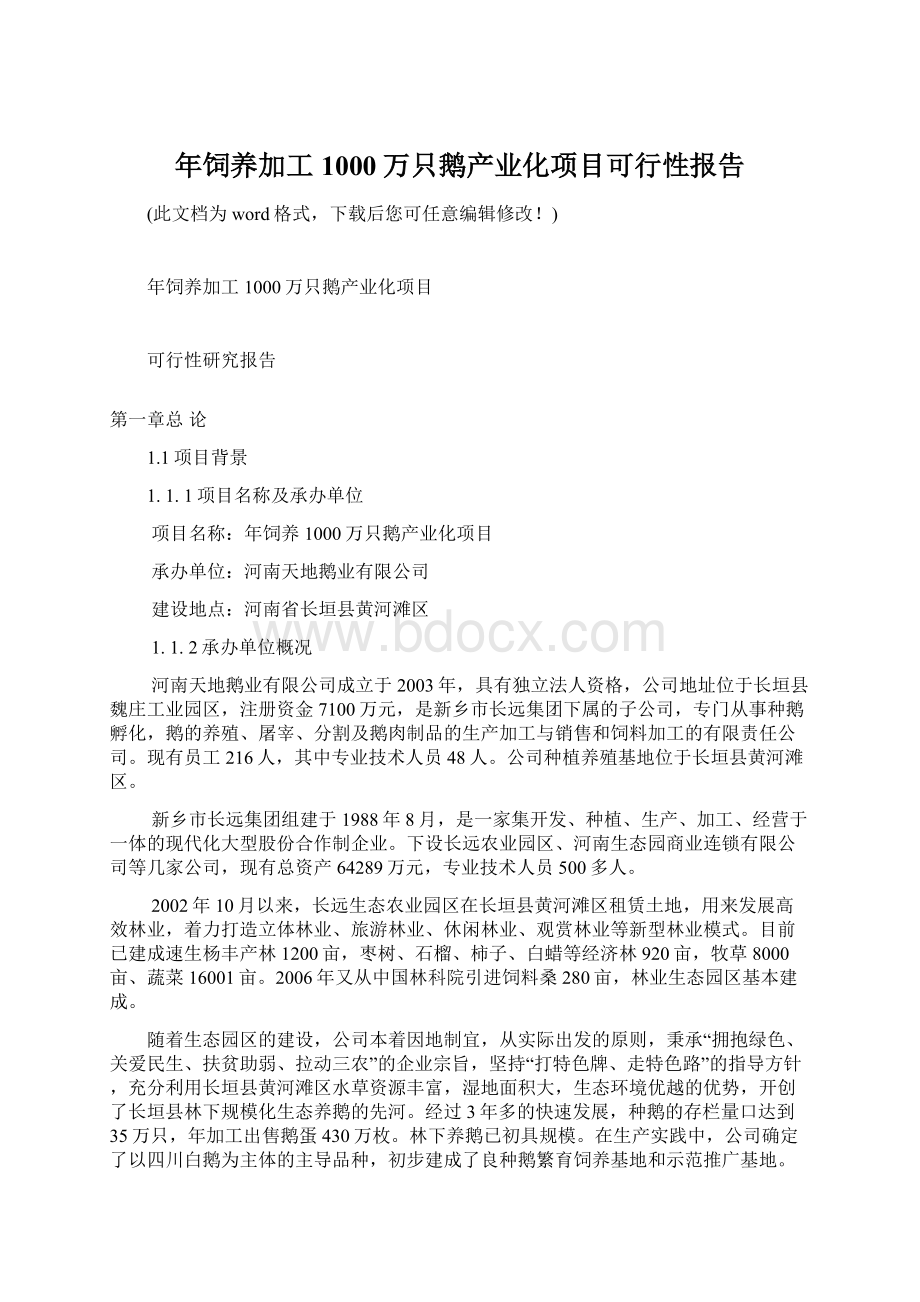 年饲养加工1000万只鹅产业化项目可行性报告Word文件下载.docx