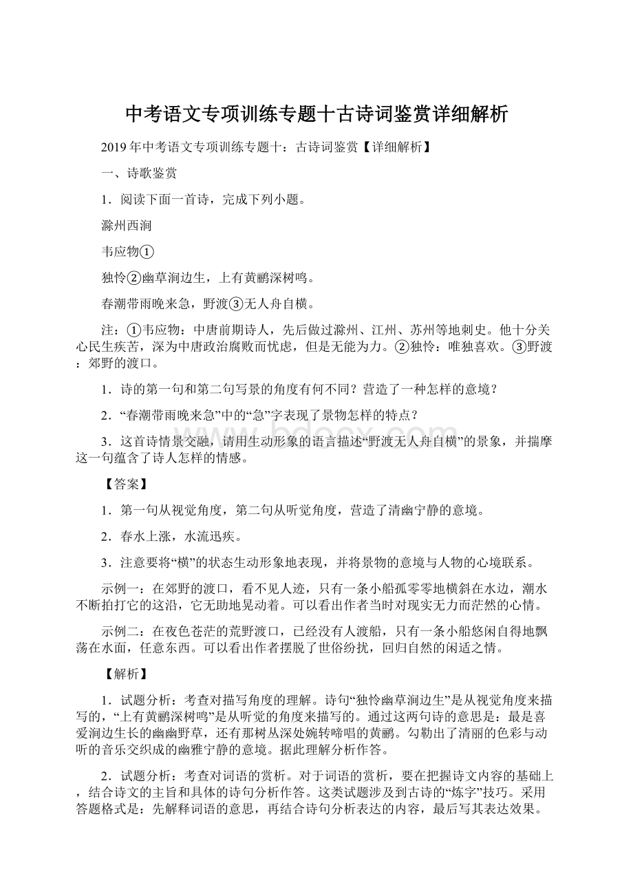 中考语文专项训练专题十古诗词鉴赏详细解析.docx_第1页