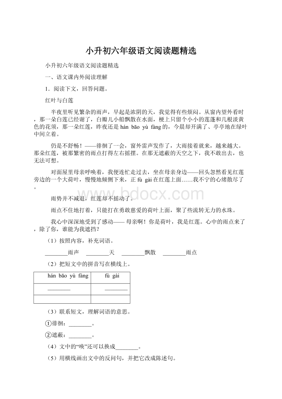 小升初六年级语文阅读题精选Word格式.docx_第1页