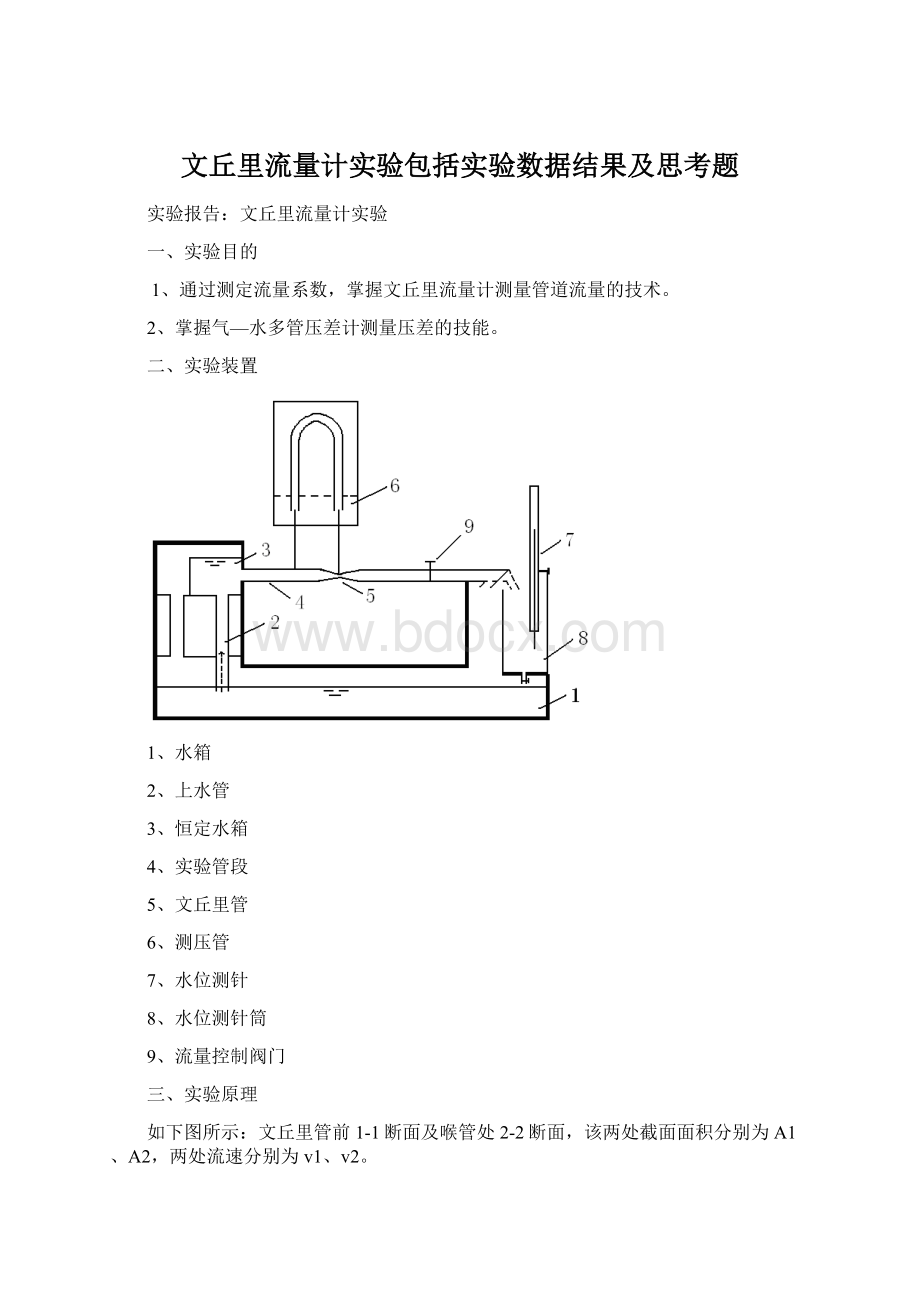 文丘里流量计实验包括实验数据结果及思考题.docx