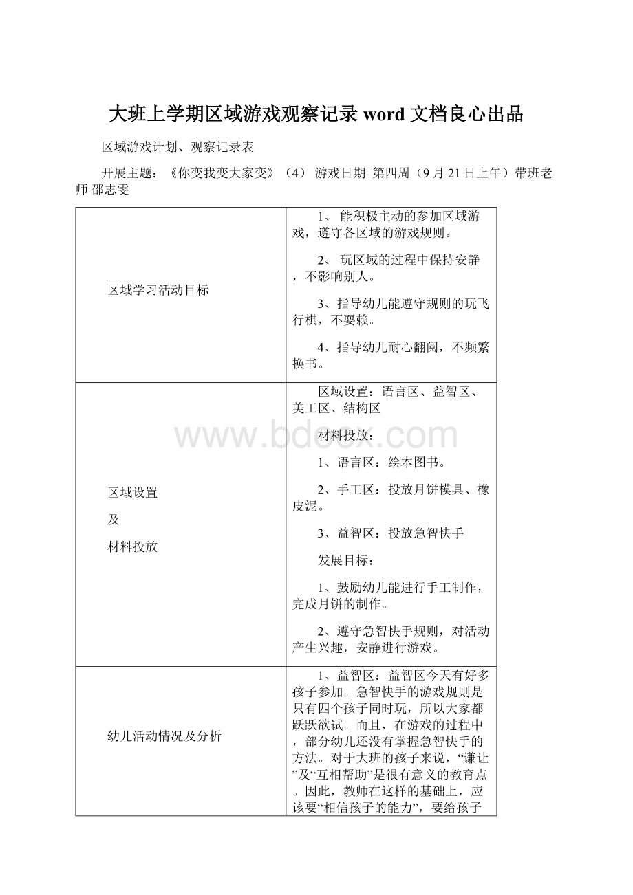 大班上学期区域游戏观察记录word文档良心出品Word格式.docx_第1页