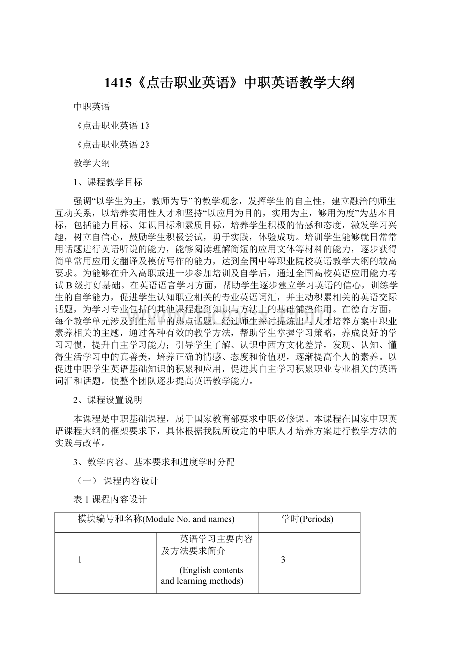 1415《点击职业英语》中职英语教学大纲Word文档下载推荐.docx