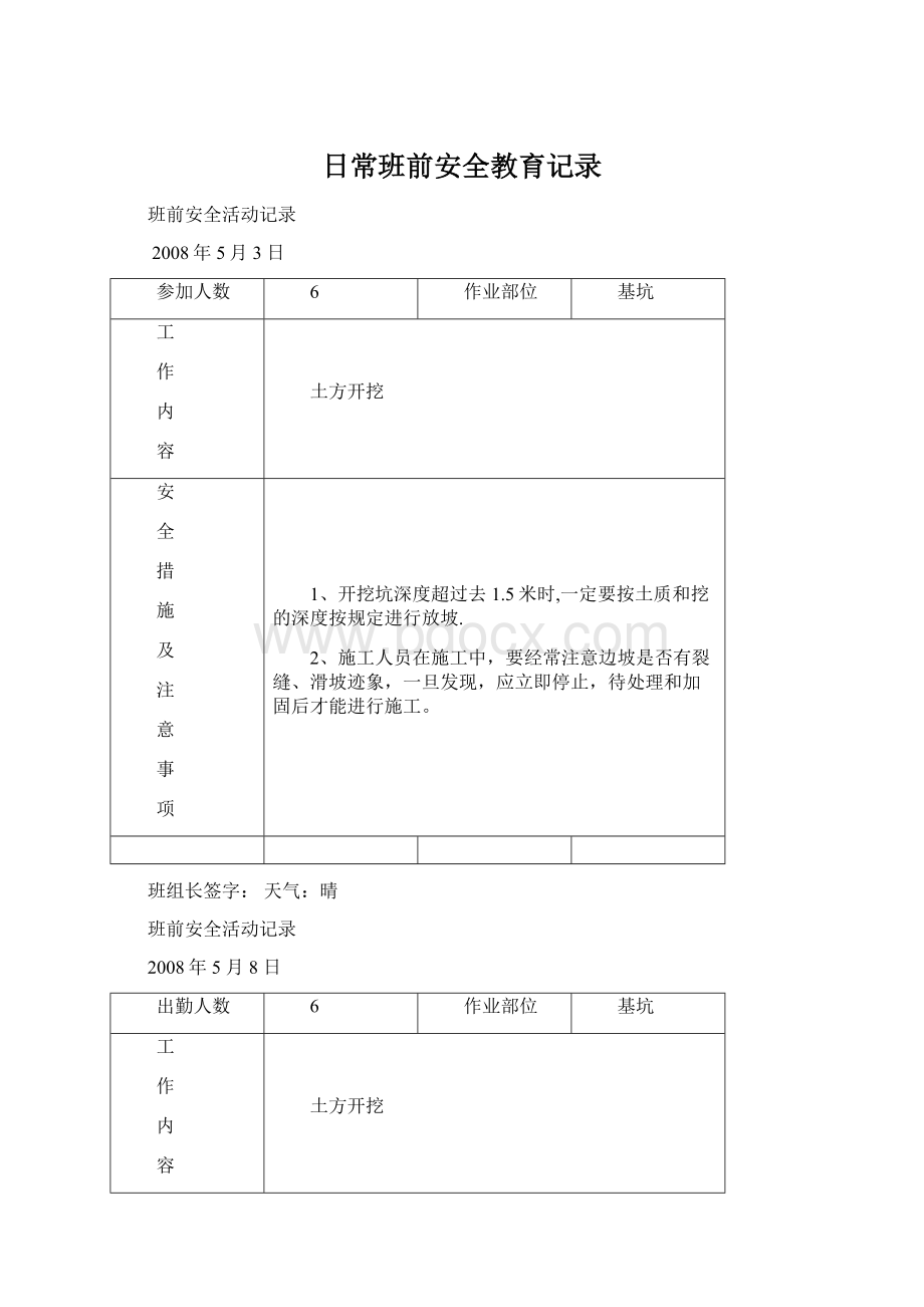 日常班前安全教育记录.docx_第1页