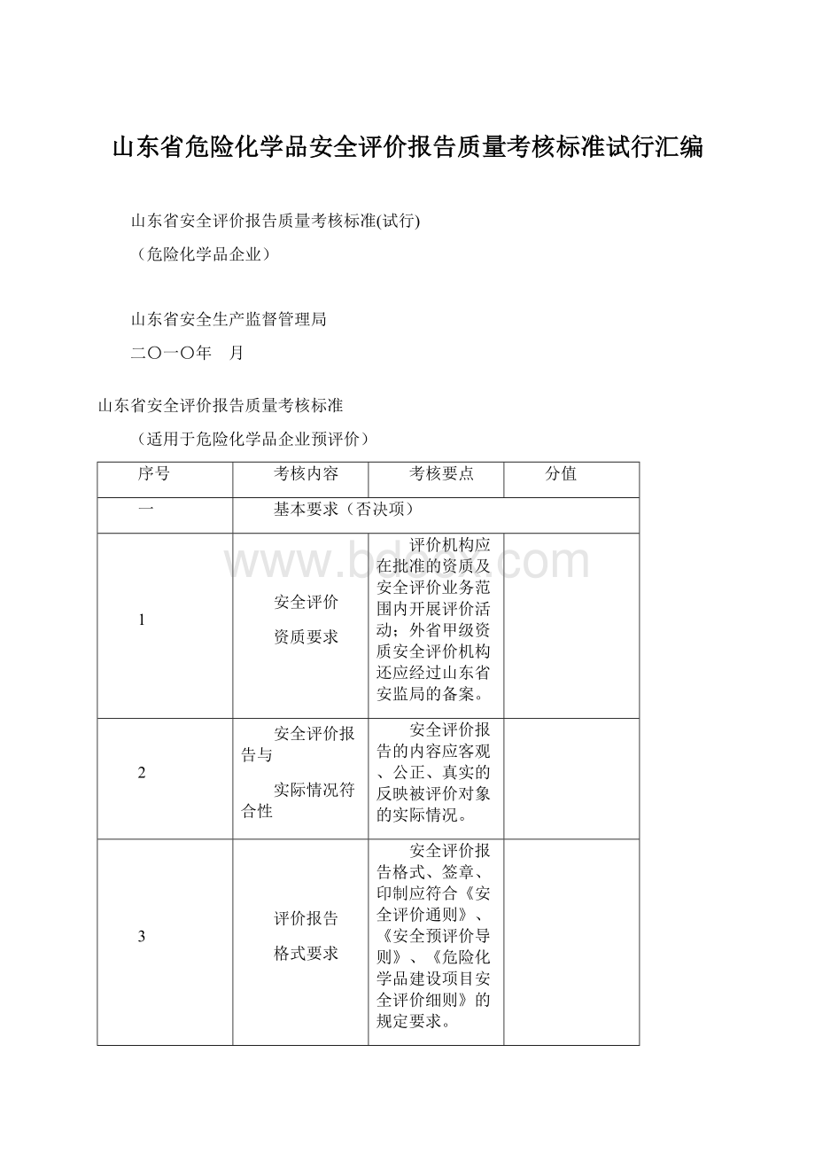 山东省危险化学品安全评价报告质量考核标准试行汇编.docx