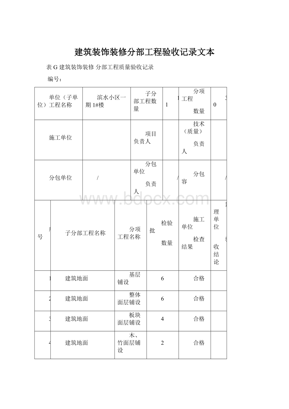 建筑装饰装修分部工程验收记录文本Word格式.docx_第1页