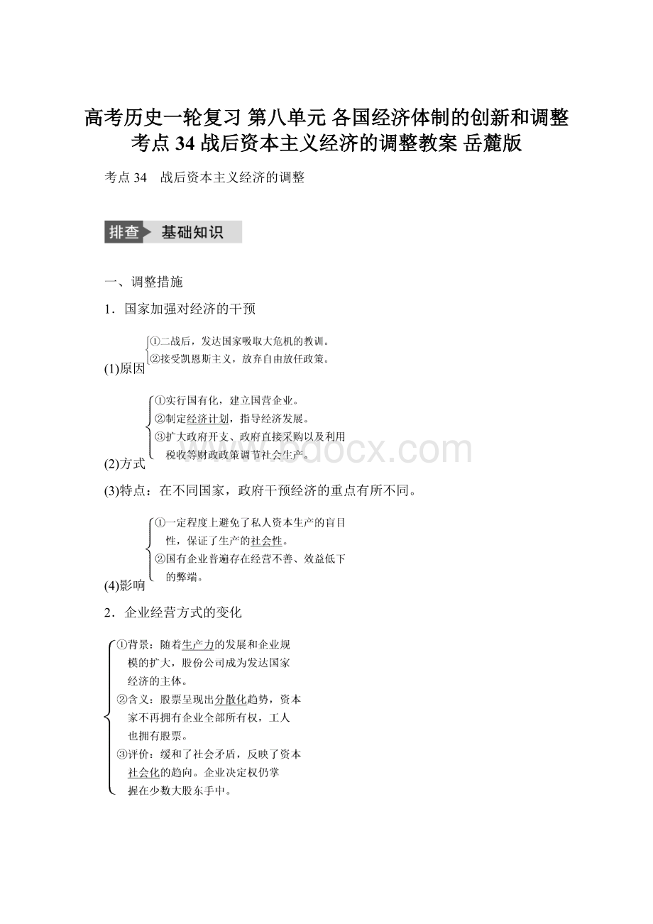 高考历史一轮复习 第八单元 各国经济体制的创新和调整 考点34 战后资本主义经济的调整教案 岳麓版.docx_第1页