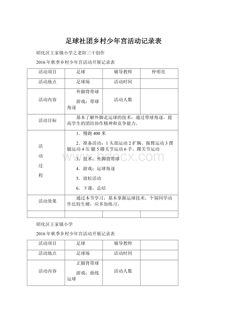 足球社团乡村少年宫活动记录表.docx