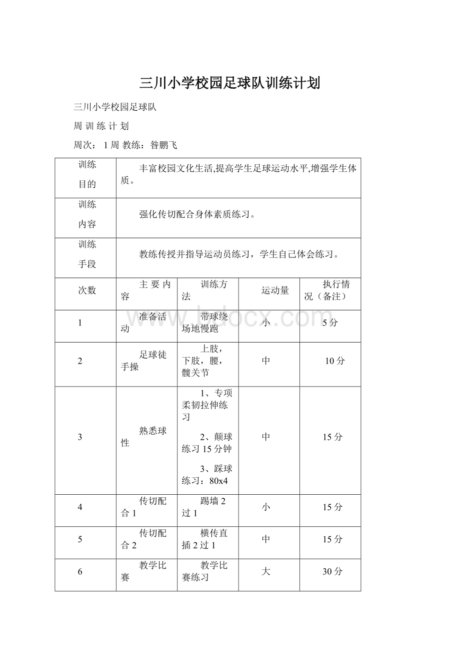 三川小学校园足球队训练计划文档格式.docx