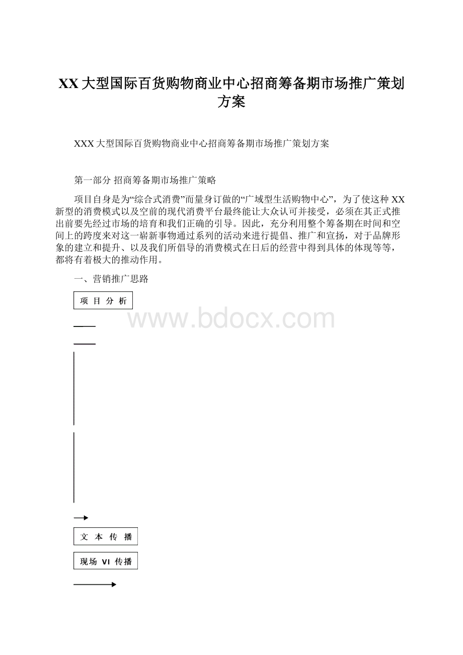 XX大型国际百货购物商业中心招商筹备期市场推广策划方案Word文件下载.docx