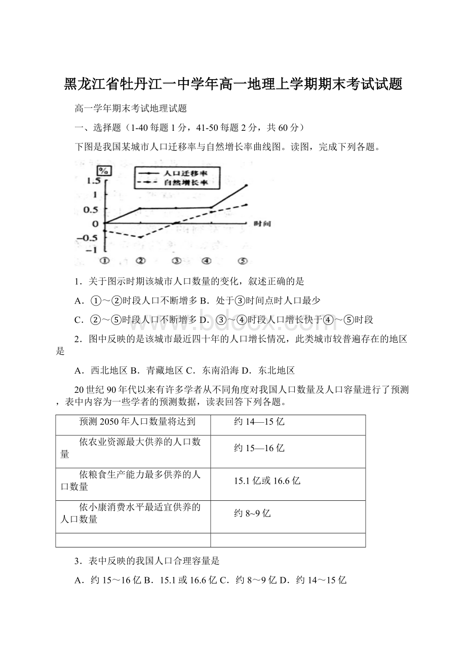 黑龙江省牡丹江一中学年高一地理上学期期末考试试题Word格式.docx