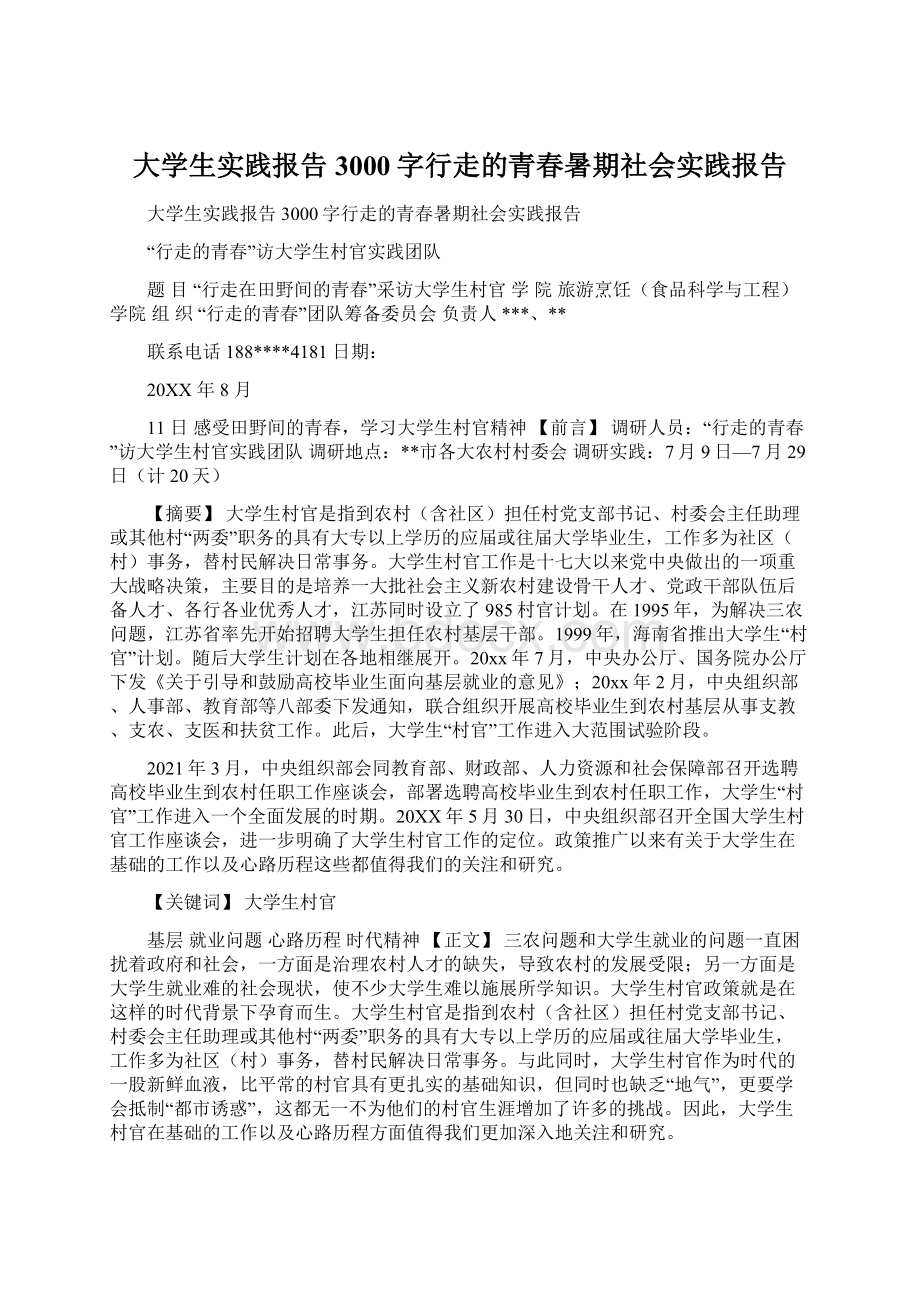 大学生实践报告3000字行走的青春暑期社会实践报告Word格式文档下载.docx_第1页