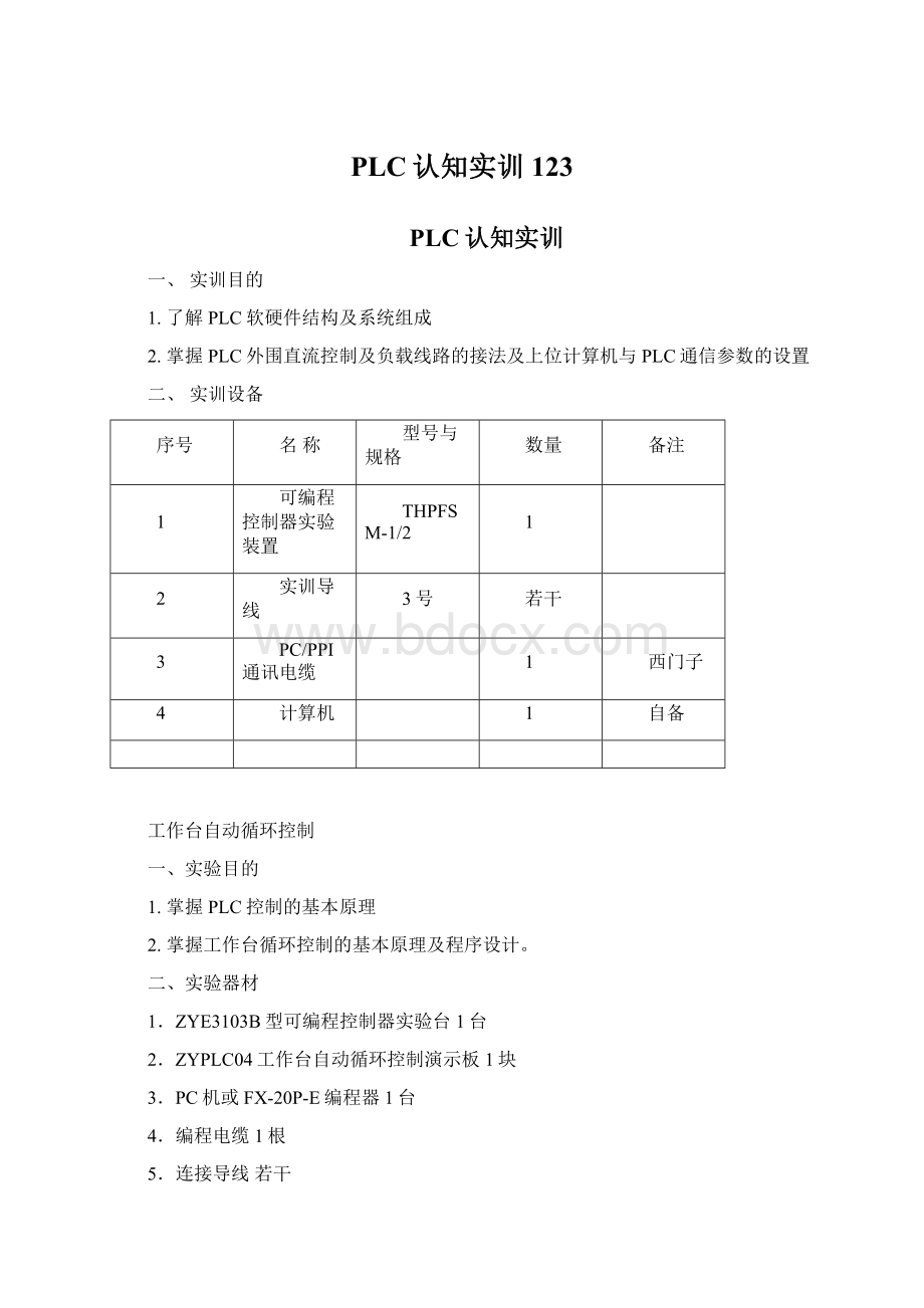 PLC认知实训123Word文档格式.docx