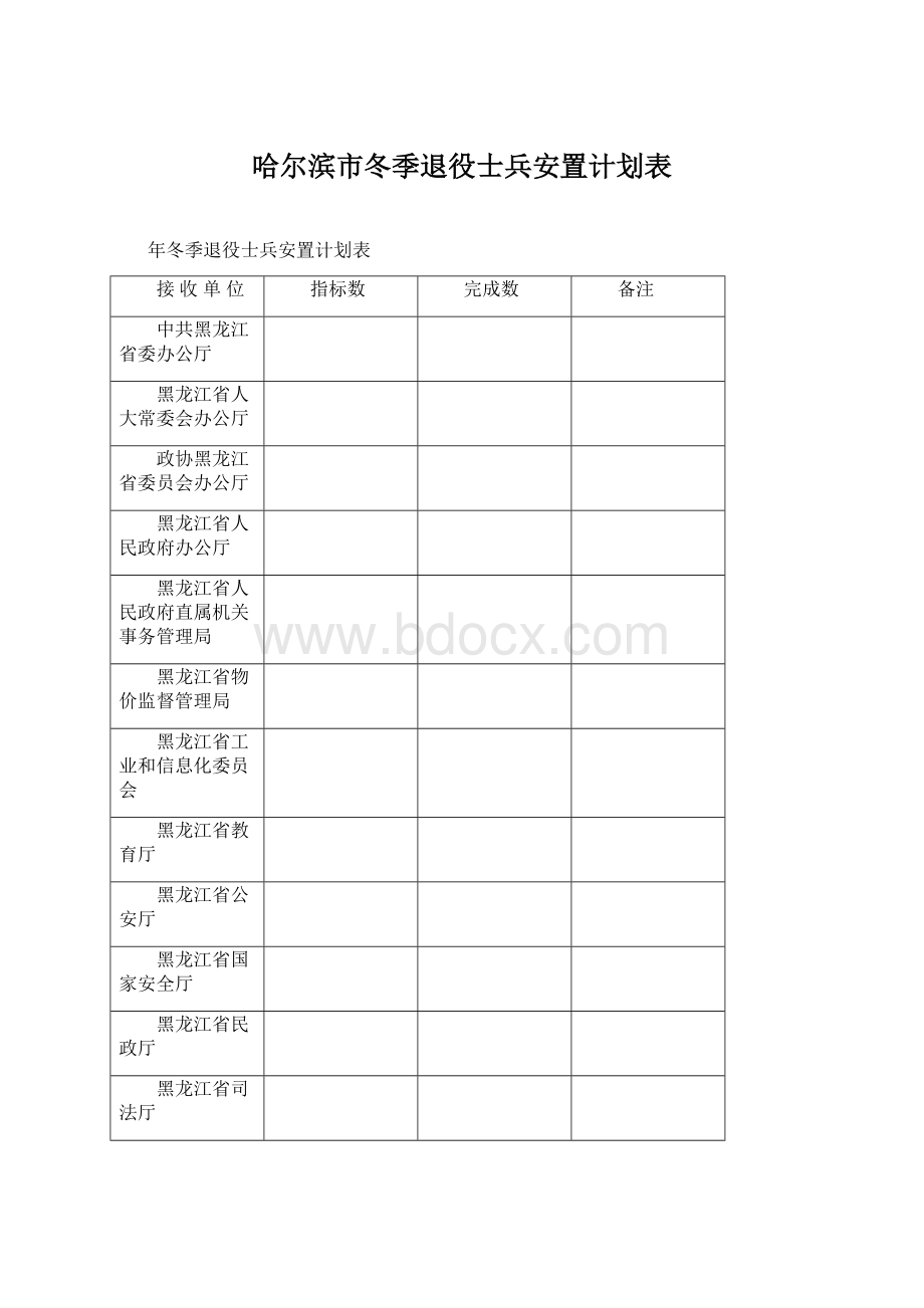 哈尔滨市冬季退役士兵安置计划表.docx_第1页