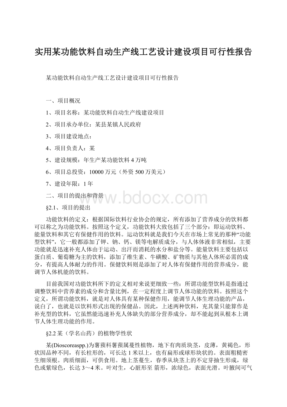 实用某功能饮料自动生产线工艺设计建设项目可行性报告Word下载.docx