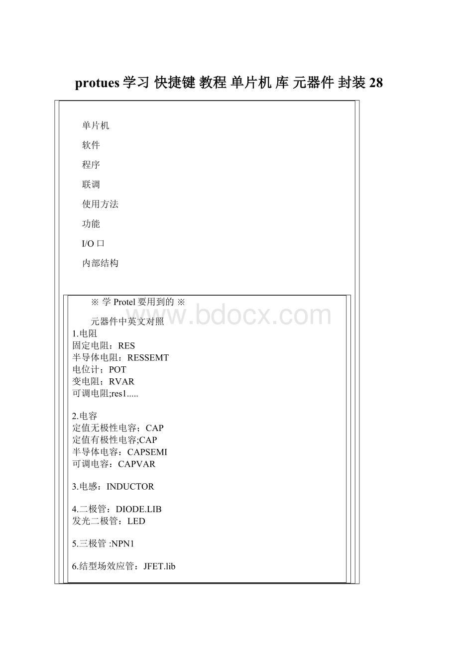protues学习 快捷键 教程 单片机 库 元器件 封装28Word文件下载.docx